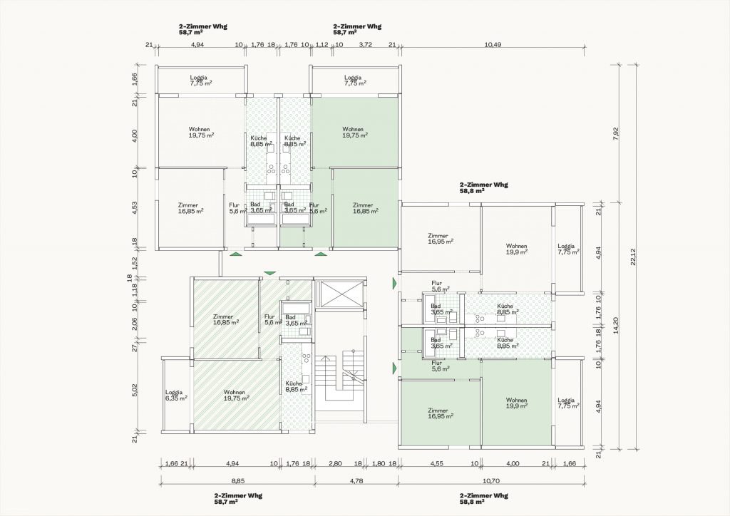 [Abb. 170] „Grundriss Hochhaustyp KP1 des System Beton- und Monierbau“ von Eicke, Finn / Rüdiger, Fynn (2025) | Lizenz: CC BY-NC-SA 4.0