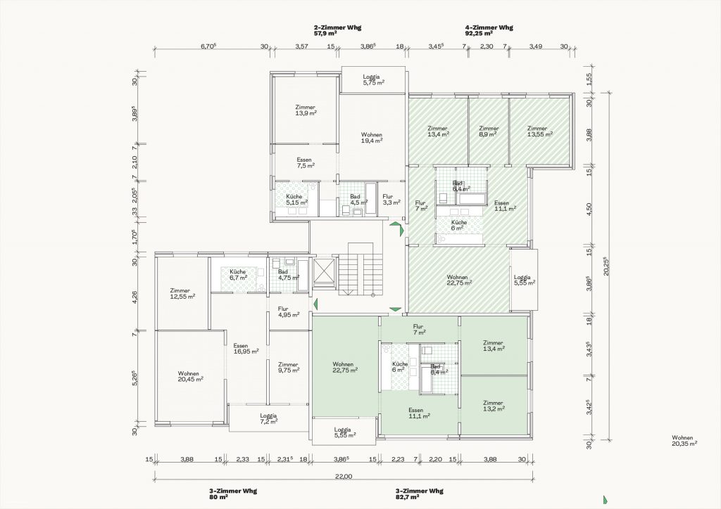 [Abb. 232] „Grundriss Dreispänner Hochhaus Typ KP1 des System Grün & Bilfinger“ von Eicke, Finn / Rüdiger, Fynn (2025) | Lizenz: CC BY-NC-SA 4.0