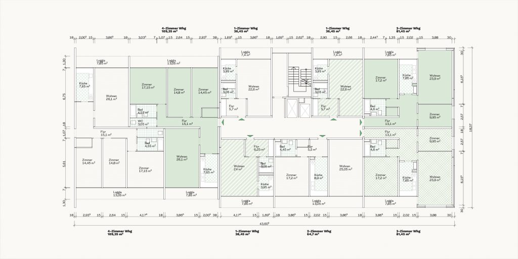 [Abb. 233] „Grundriss Hochhausscheibe des System Grün & Bilfinger“ von Eicke, Finn / Rüdiger, Fynn (2025) | Lizenz: CC BY-NC-SA 4.0