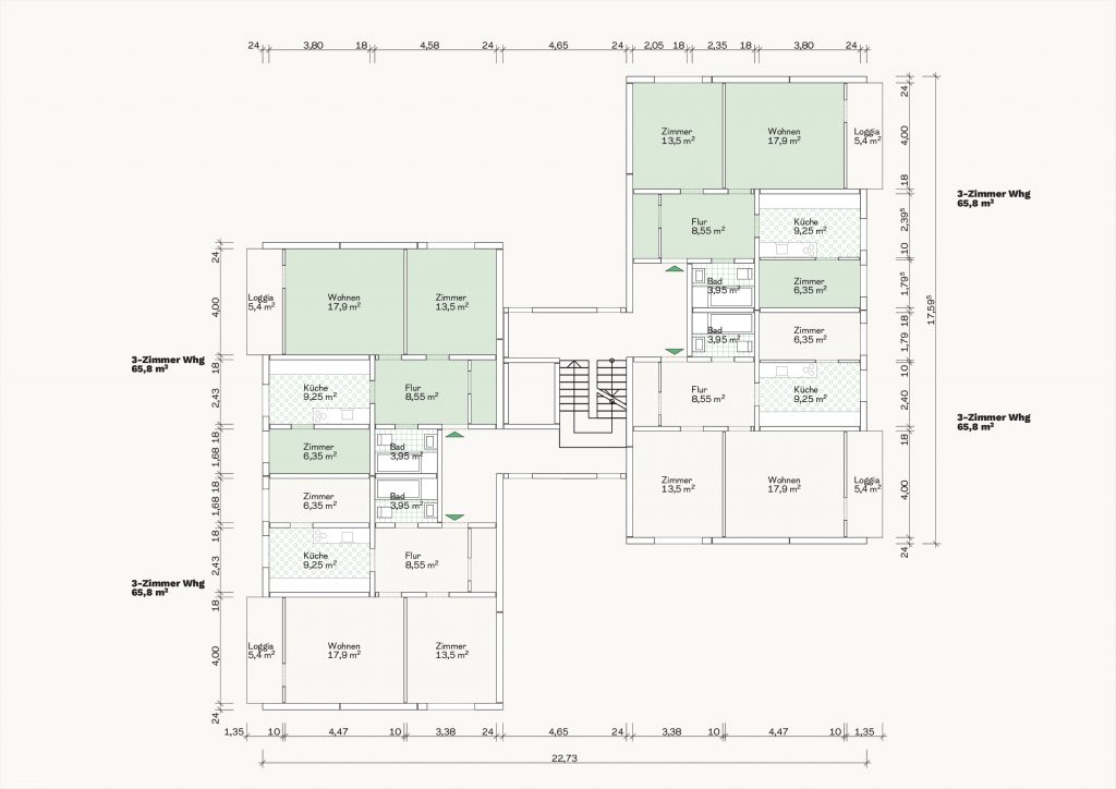 [Abb. 249] „Grundriss Vierspänner Hochhaustyp des System Kesting“ von Eicke, Finn / Rüdiger, Fynn (2025) | Lizenz: CC BY-NC-SA 4.0