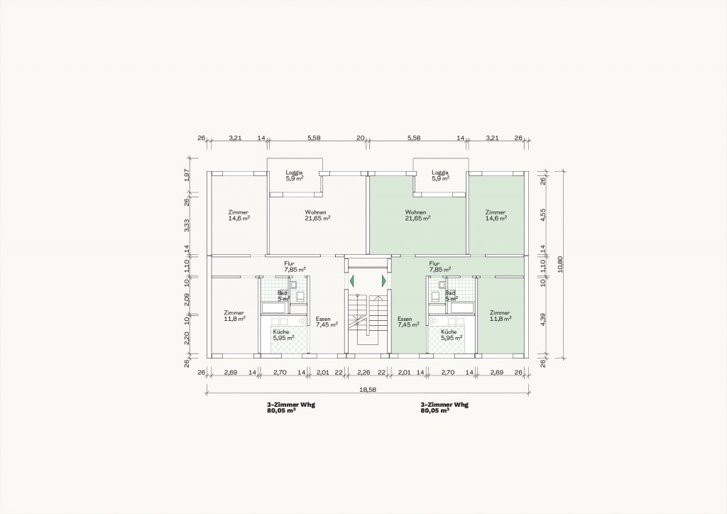 [Abb. 306] „Grundriss Zweispänner Typ A des System Rostan“ von Eicke, Finn / Rüdiger, Fynn (2025) | Lizenz: CC BY-NC-SA 4.0